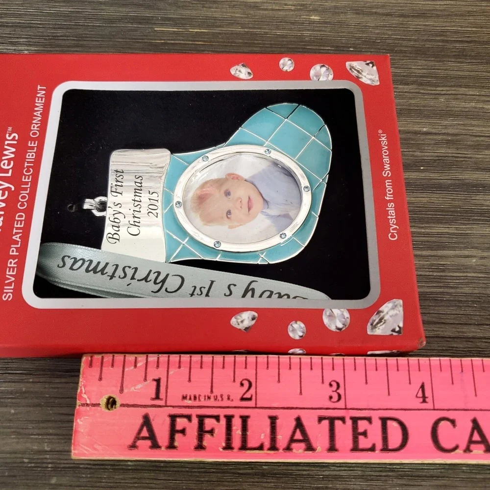 Harvey Lewis Baby First 1st Christmas Enamel Frame Ornament Swarovski Crystals